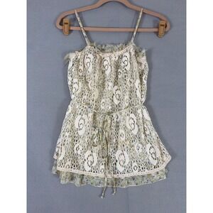 Floral Lace Layered Cami XS‎ Cream Blue Yellow Boho String Tie Waist Sleeveless
